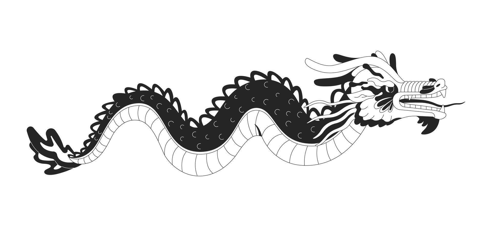 Dragon chinese new year black and white 2D line object. Mysterious oriental animal. Asian culture fantasy. Mythological beast isolated clip art outline item. Monochromatic spot illustration vector