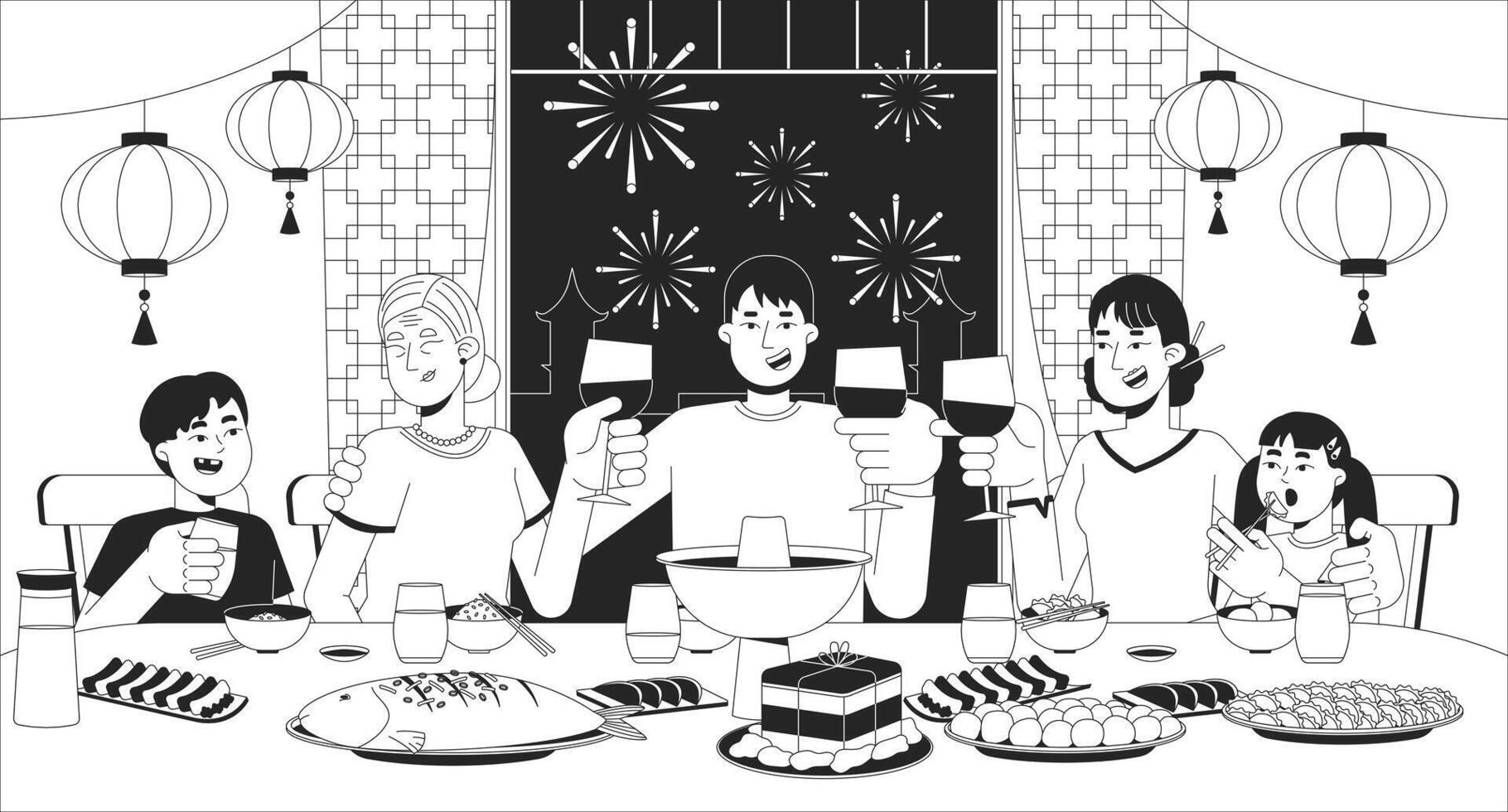 Chinese New Year reunion dinner black and white line illustration. Asian family eating. Relatives toasting celebrating 2D characters monochrome background. Spring festival at home outline image vector