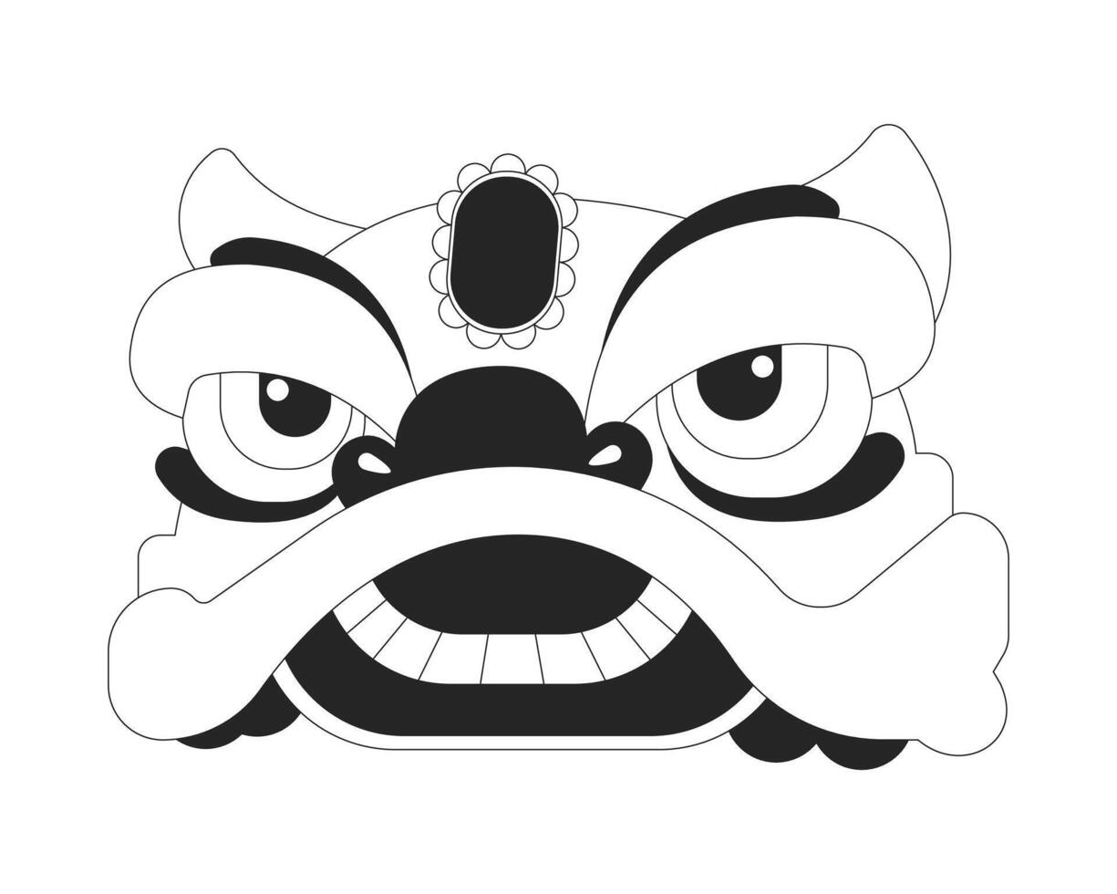 Chinese lion head black and white 2D line object. Spring festival, Lunar New Year. Traditional mascot costume dance equipment isolated clip art outline item. Monochromatic spot illustration vector
