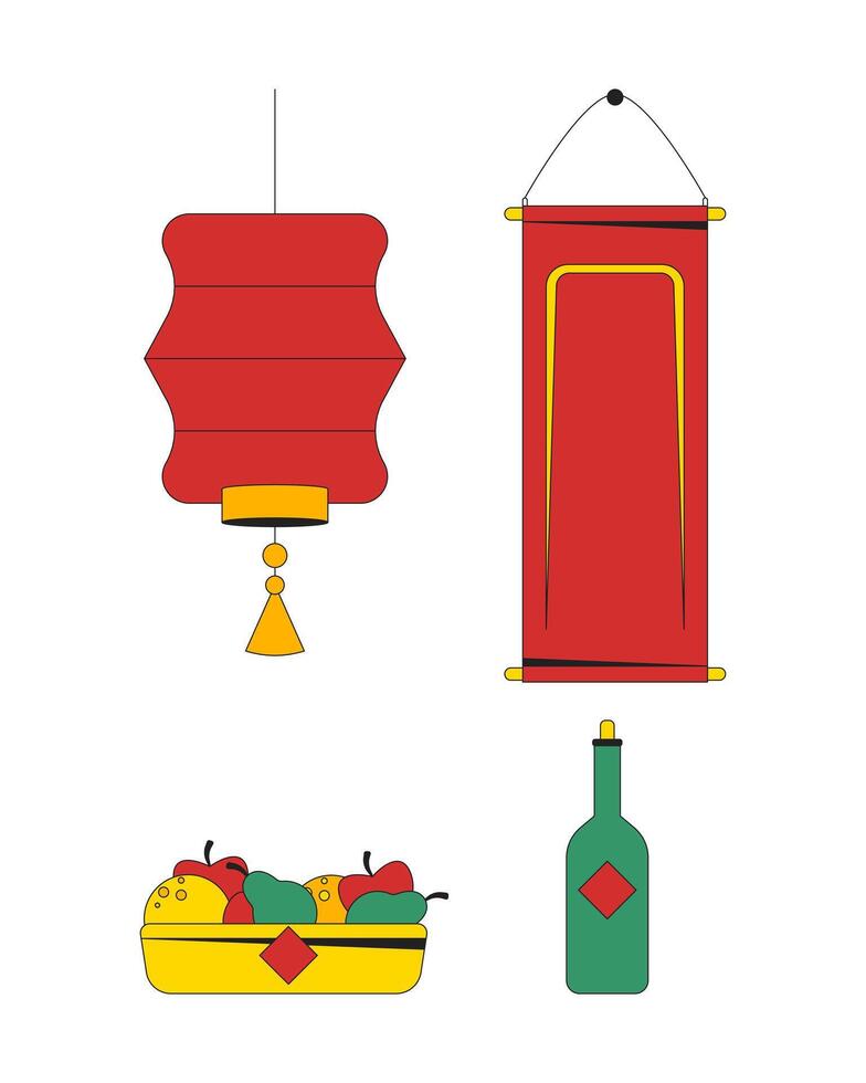 Feng Shui ornaments spring festival 2D cartoon objects set. Chinese New Year tapestry, paper lantern, fruits asian wine isolated elements flat cliparts on white. Spot illustrations collection vector