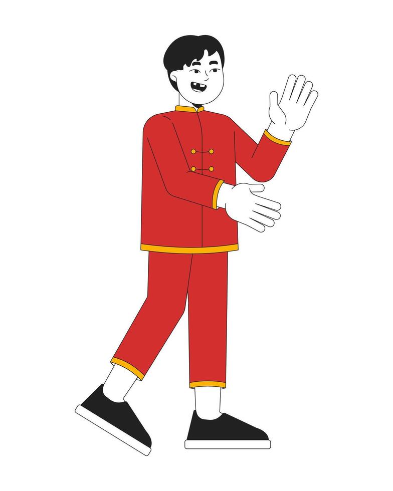 Chinese boy child in traditional tang suit clapping excited 2D cartoon character. Asian cute kid in oriental costume isolated person flat on white background. Spot illustration colorful vector