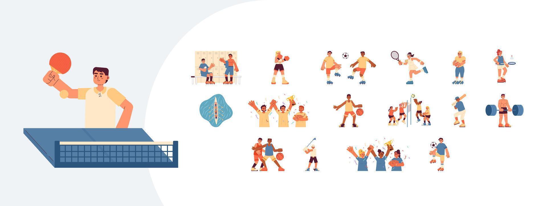 Competitive sport playing cartoon flat illustrations mega bundle. Boxing, soccer, tennis, badminton, baseball, basketball 2D images isolated on white. Diverse athletes collection colorful vector