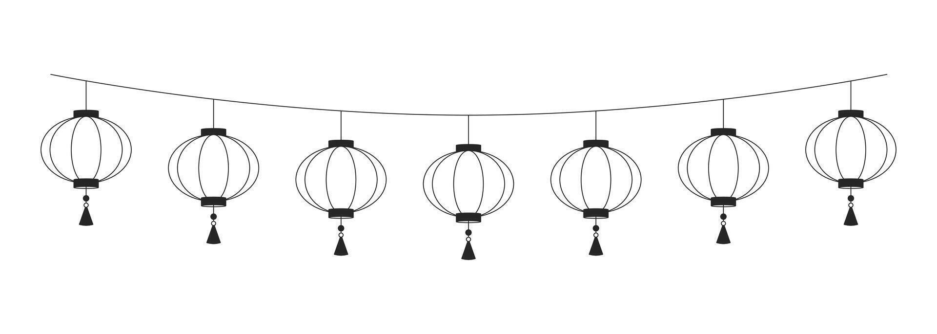 Paper lanterns hanging on string black and white 2D line object. Lunar new year decoration. Lantern festival. Chinese ornaments isolated clip art outline item. Monochromatic spot illustration vector