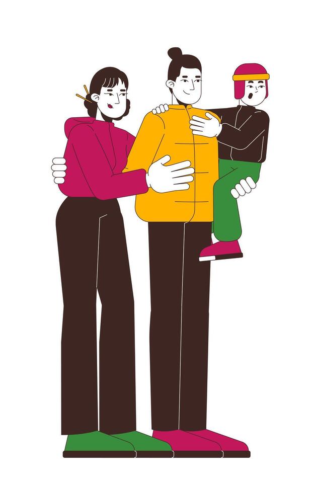 Modern chinese family in winter outerwear 2D cartoon characters. Bonding relationships. Asian mother, father, son hugs isolated people flat on white background. Spot illustration colorful vector