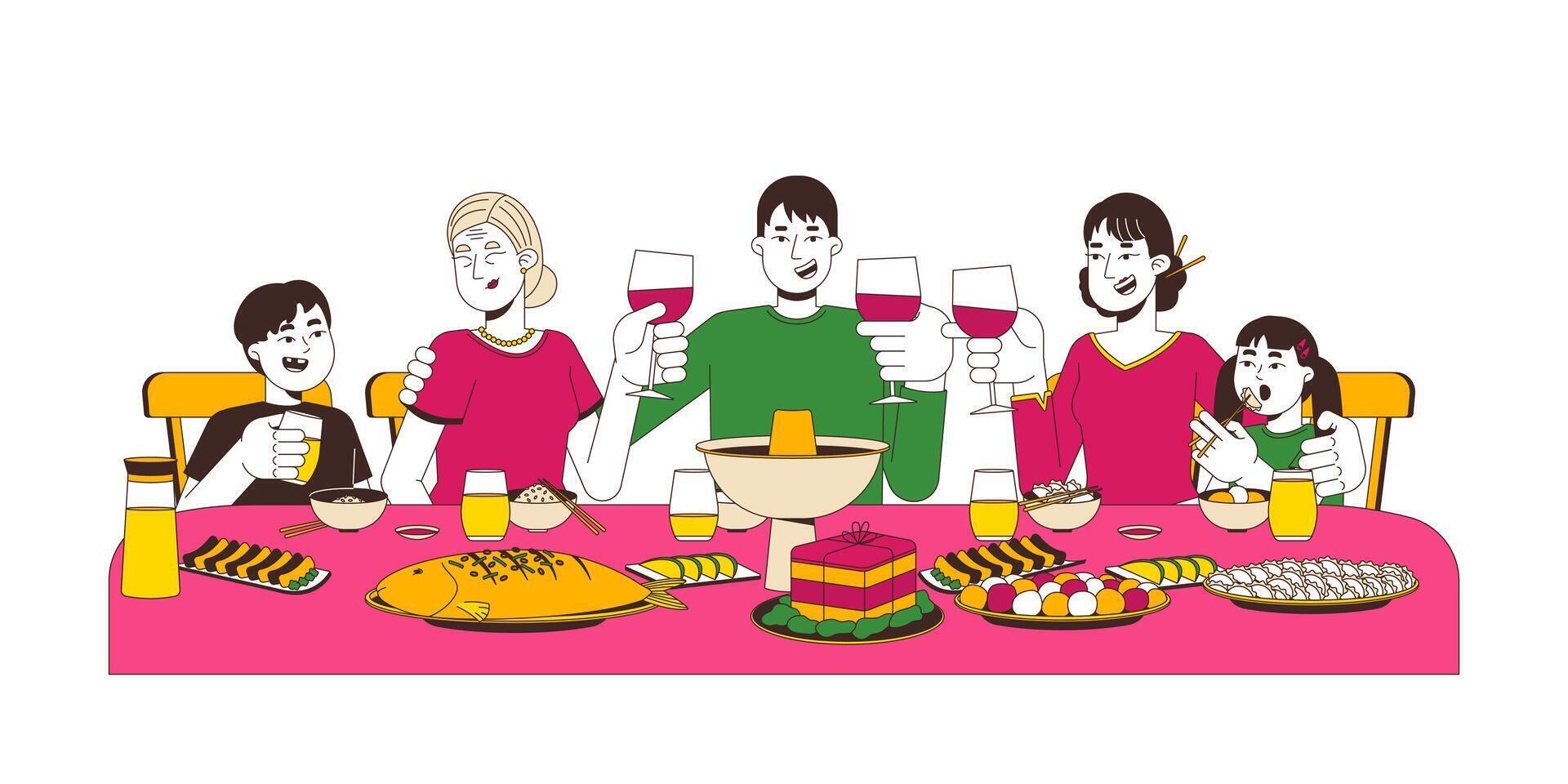 Chinese family reunion dinner 2D cartoon characters. Meal on spring festival. Asian parents with children toasting glasses isolated people flat on white background. Spot illustration colorful vector