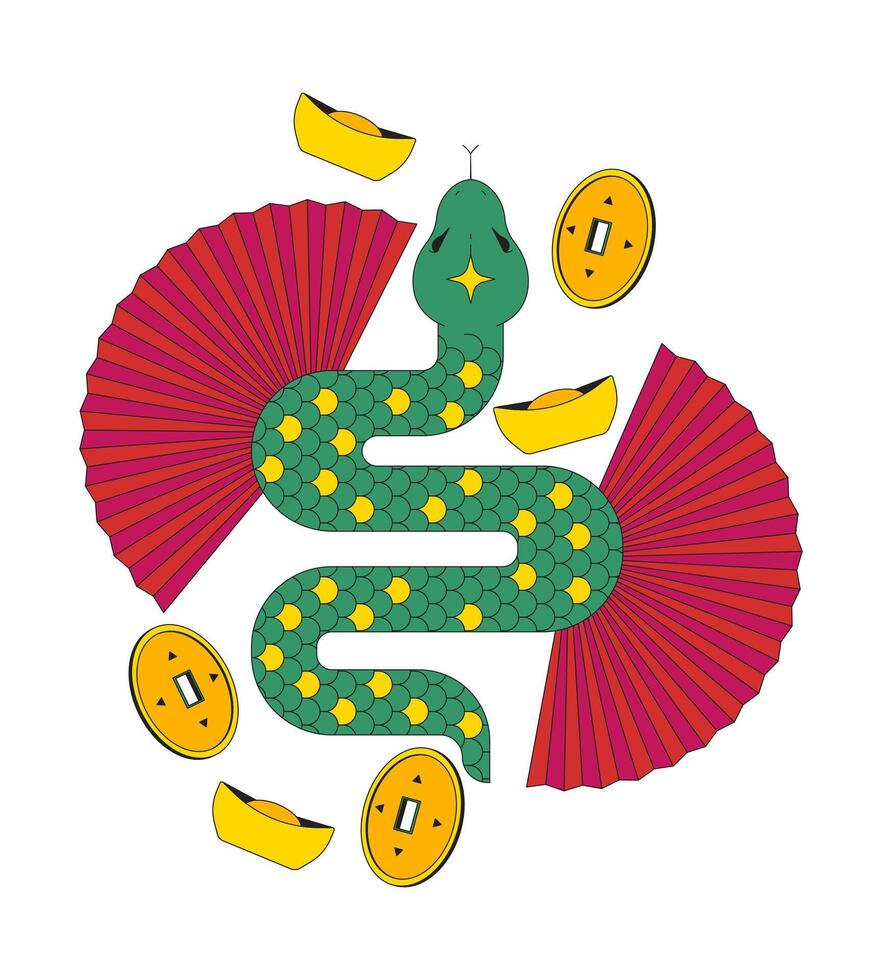 Chinese year of zodiac snake 2D illustration concept. Serpent reptile. New year animal 2025 feng shui coins sycee fans cartoon composition isolated on white. Metaphor abstract flat graphic vector
