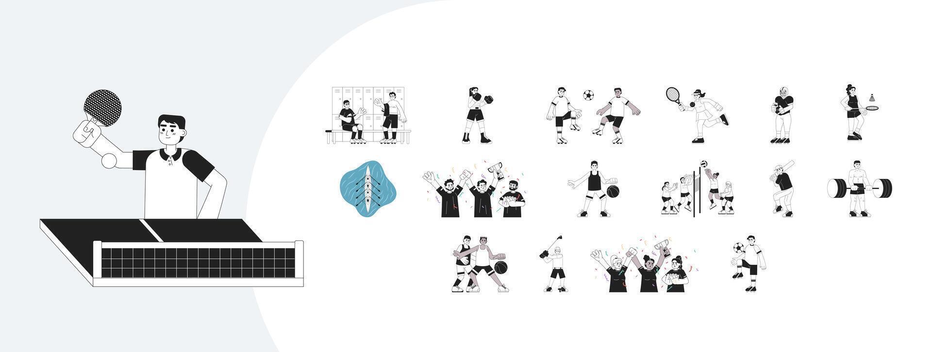 Competitive sport playing outline illustrations mega bundle. Boxing, soccer, tennis, badminton, baseball, basketball 2D linear images isolated. Athletes collection black and white drawings vector