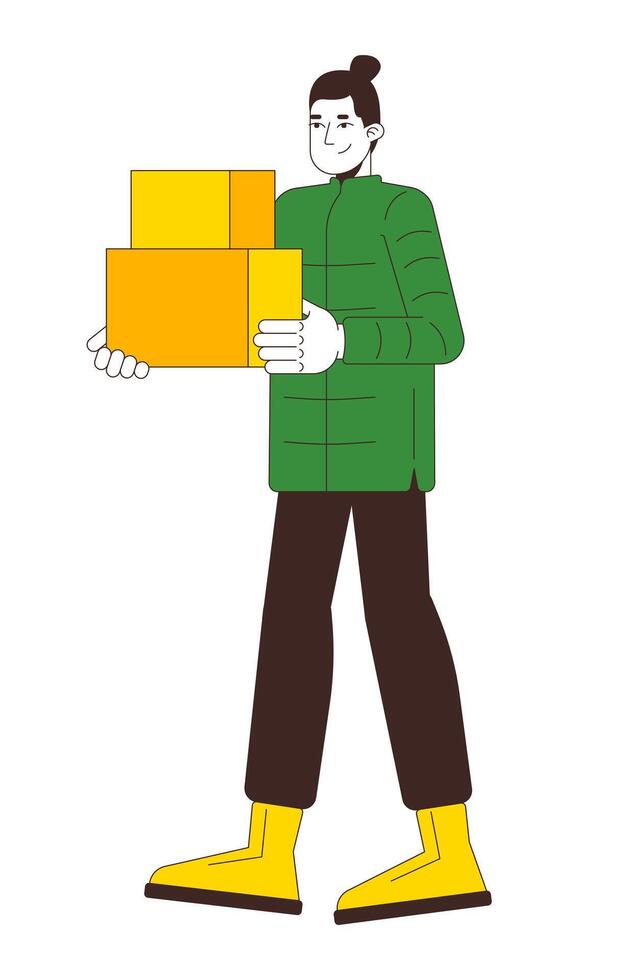 Winterwear chinese man carrying cardboard boxes 2D cartoon character. Smiling asian guy in winter outerwear moving out isolated person flat on white background. Spot illustration colorful vector