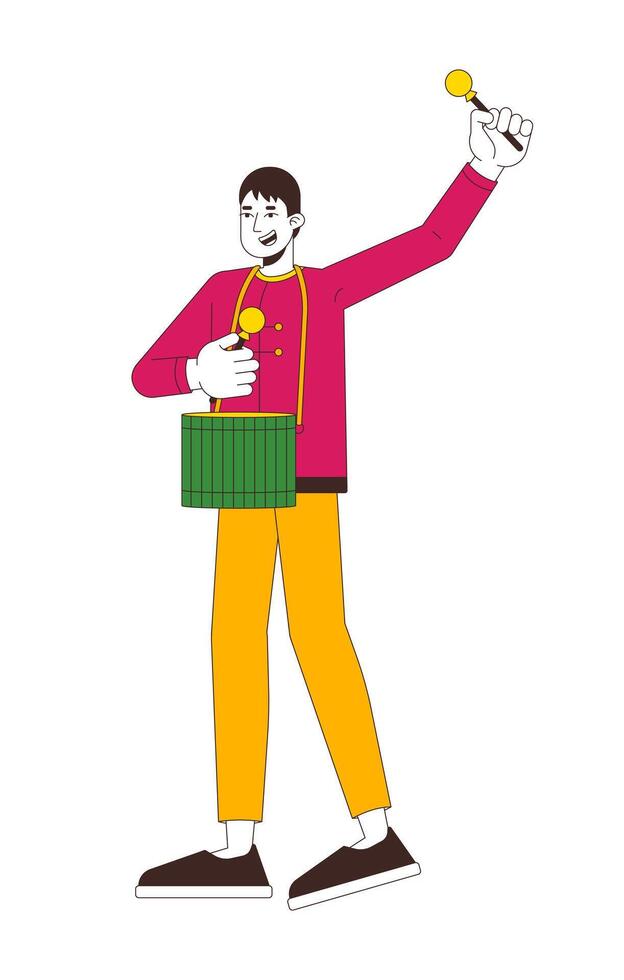Chinese New Year drum performer with drumsticks 2D cartoon character. Asian man in traditional tang suit drumming beating isolated person flat on white background. Spot illustration colorful vector