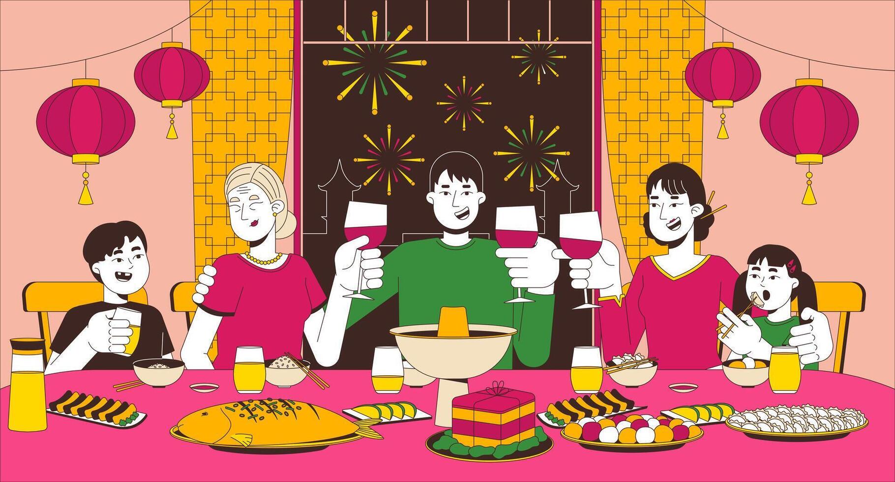 Chinese New Year reunion dinner flat illustration. Asian family eating. Relatives toasting celebrating 2D characters cartoon background. Spring festival at home scene storytelling image vector