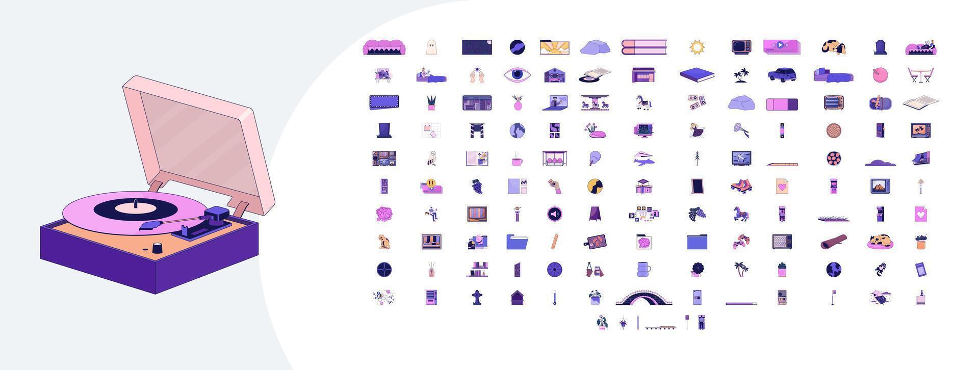 Lofi chill cozy elements cartoon flat illustrations mega bundle. Lo fi aesthetic 2D images isolated on white. Retro tv, files books, still life dreamy vibes collection drawings colorful vector