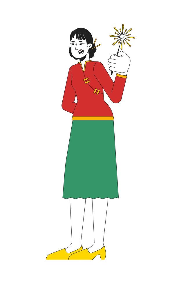 Happy chinese woman in traditional tang suit holding sparkler stick 2D cartoon character. Asian female celebrating spring festival isolated person flat on white. Spot illustration colorful vector