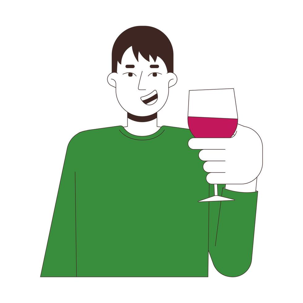 Cheerful chinese man toasting wine glass 2D cartoon character. Asian guy in casual sweatshirt cheers wineglass isolated person flat on white background. Spot illustration colorful vector