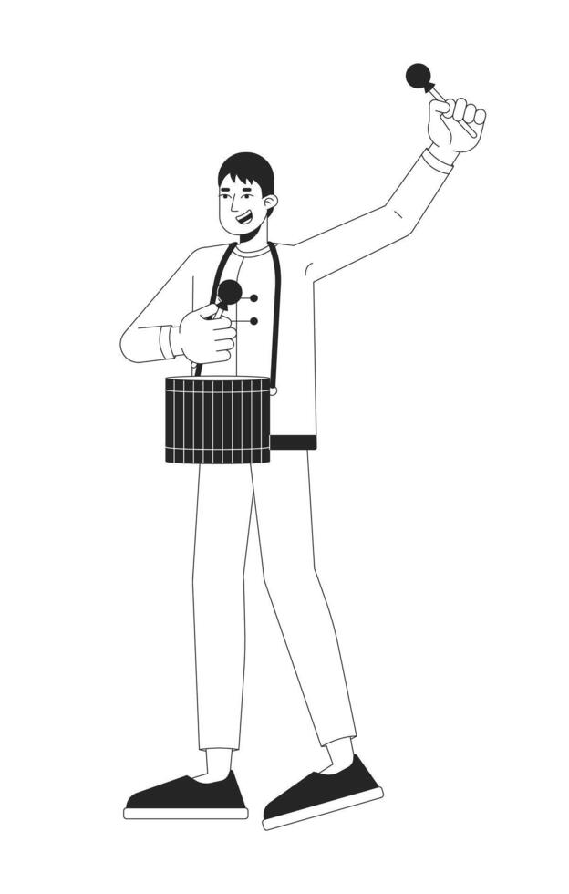 Chinese New Year drum performer with drumsticks black and white 2D line character. Asian man in traditional tang suit drumming beating isolated outline person. Monochromatic spot illustration vector
