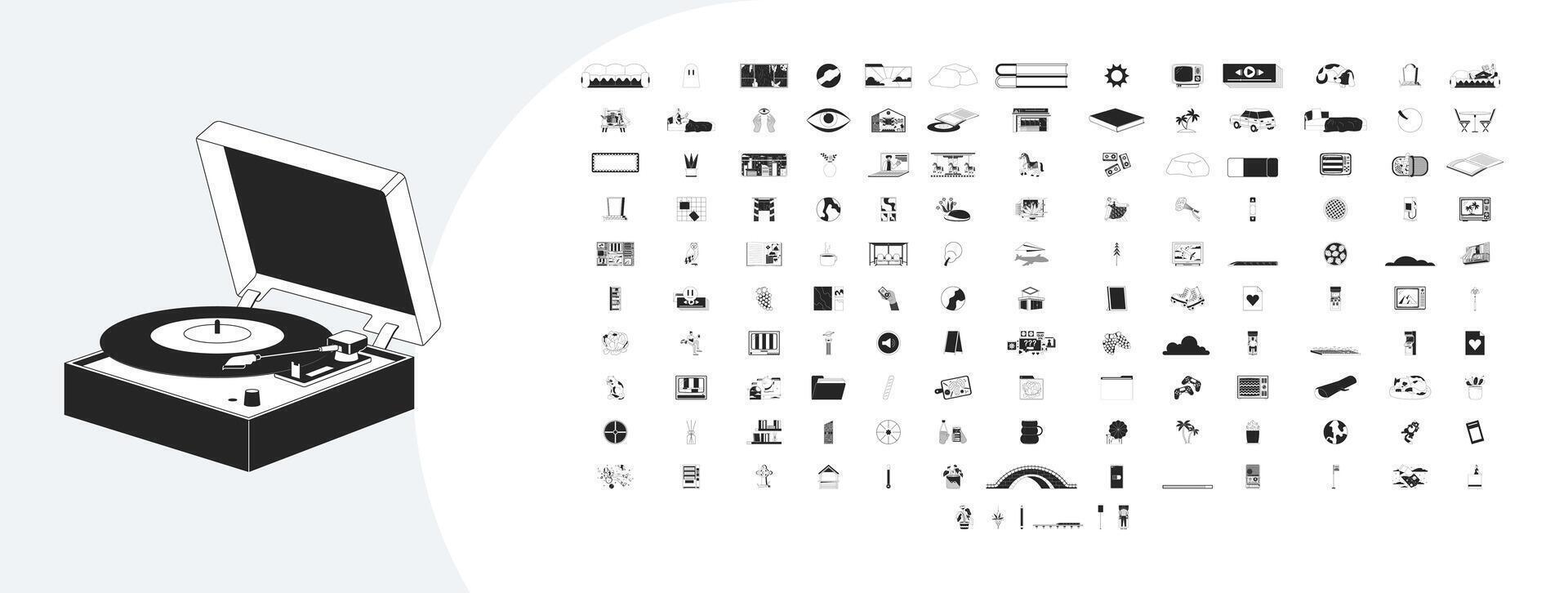 Lofi chill cozy elements outline illustrations mega bundle. Lo fi aesthetic 2D linear images isolated. Retro tv, files books, still life dreamy vibes collection black and white drawings vector
