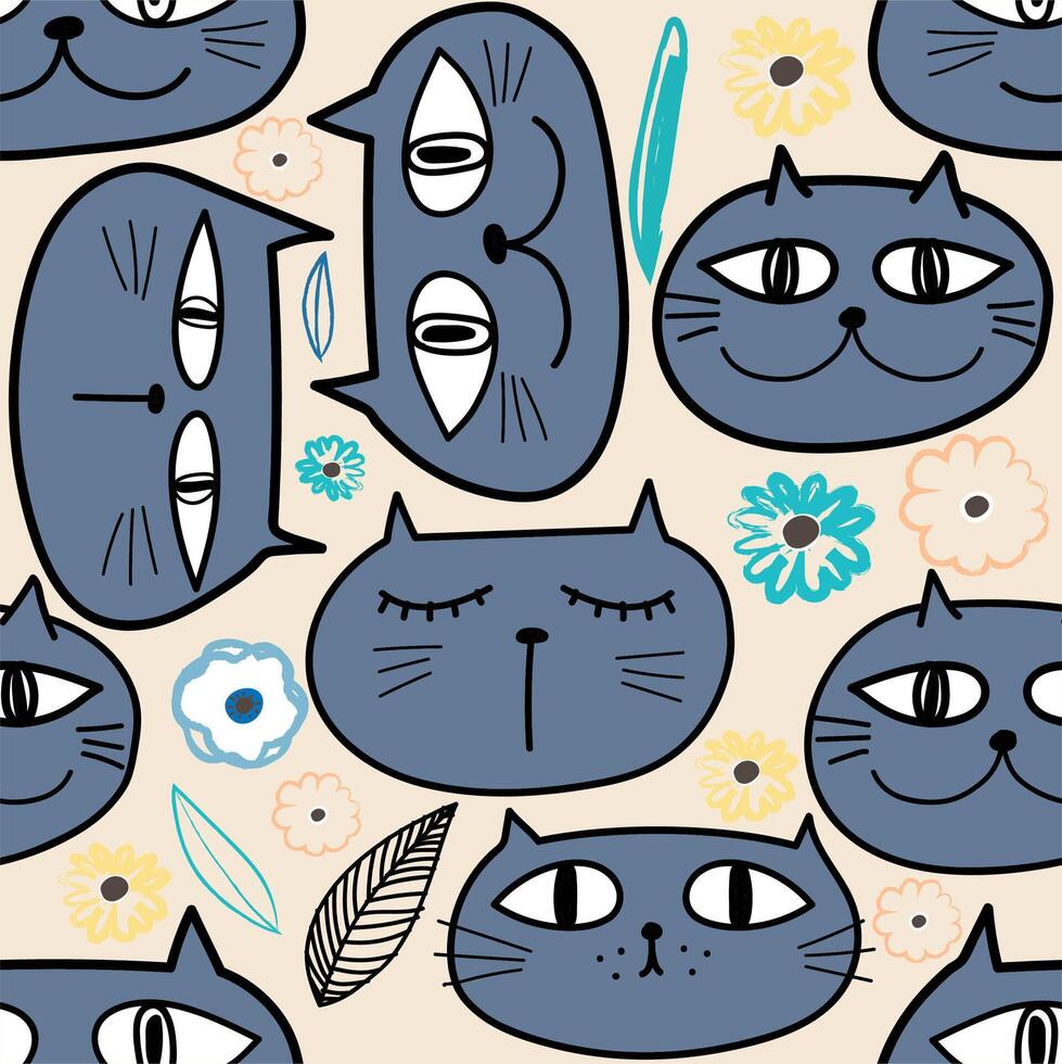 funny cats faces seamless pattern vector