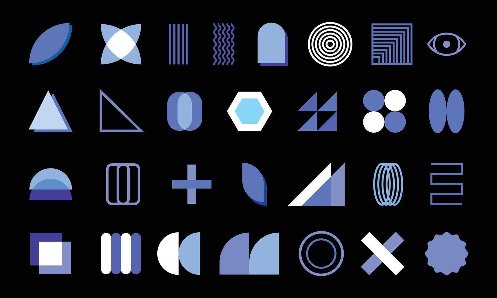 Minimalist geometric shapes element set. Circle, rectangle, plus, triangle, eyes, x, and curved shapes design bundle. vector