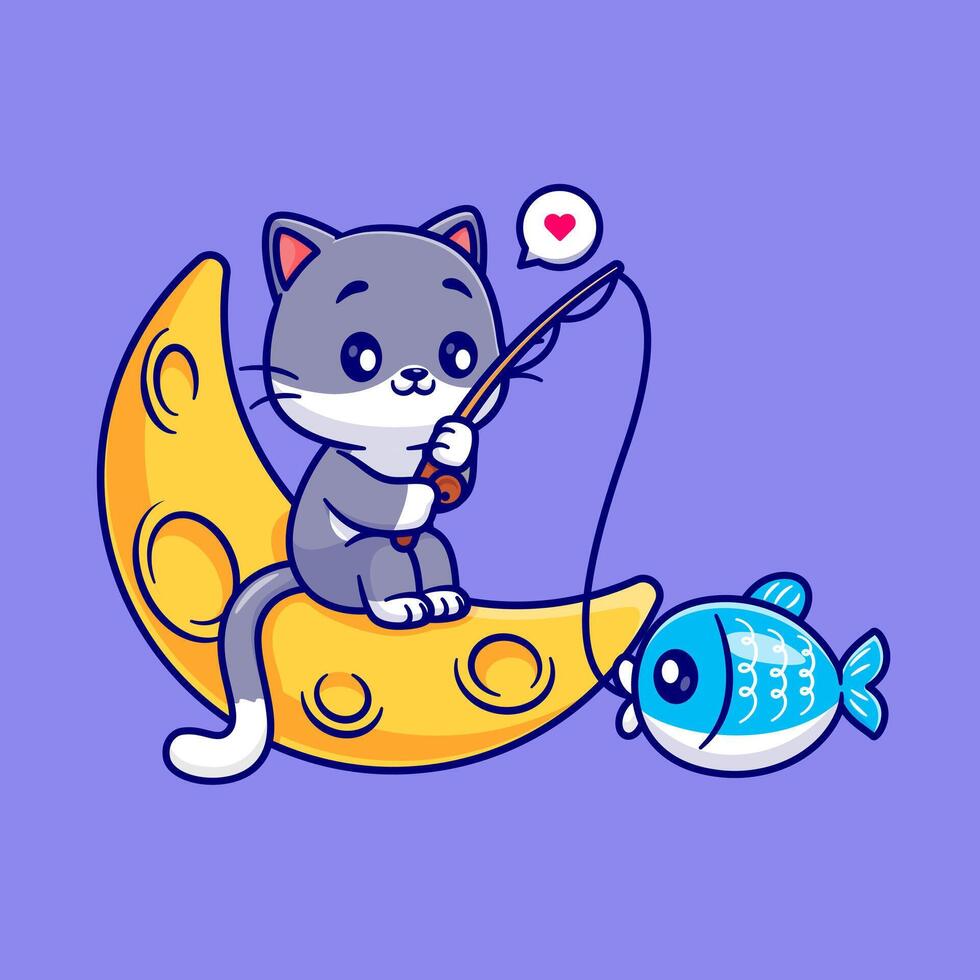 Cute Cat Fishing Fish On Moon Cartoon vector