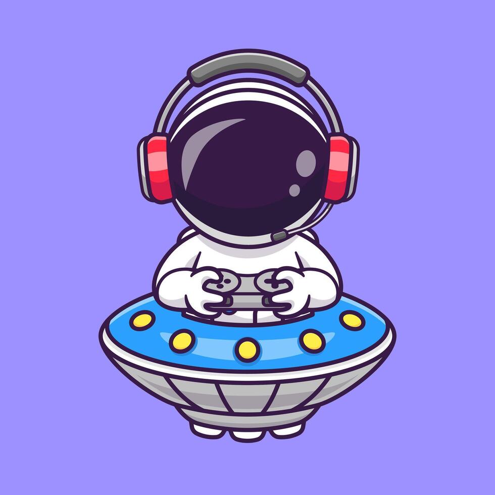 Cute Astronaut Playing Game With Headphone In UFO Spaceship Cartoon vector