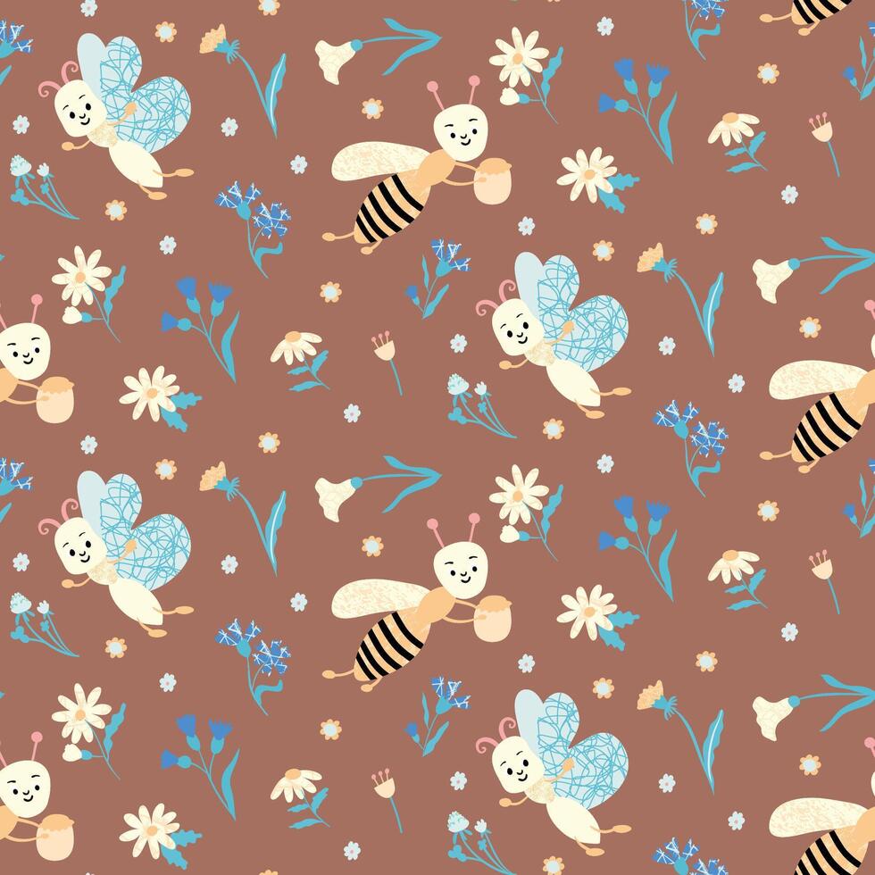 Seamless Pattern With Cute Bees, Butterflies, And Wildflowers On Brown Background vector