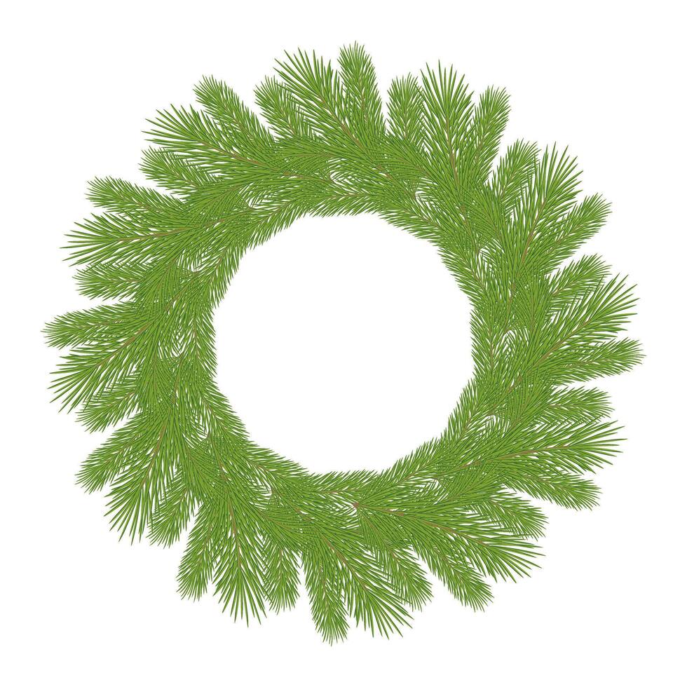 Simple circular wreath made from green pine branches, isolated on a white background. Traditional Christmas and New Year decoration. vector