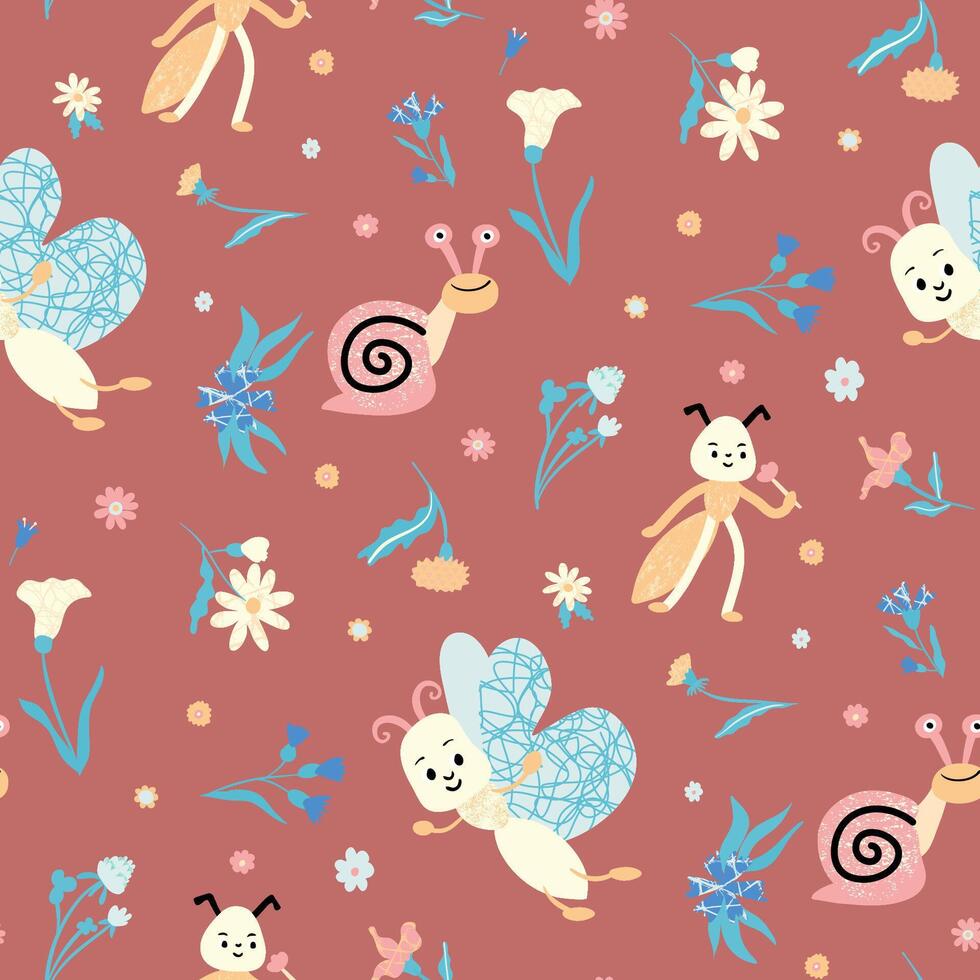 Cute seamless pattern with snails, ants, butterflies vector