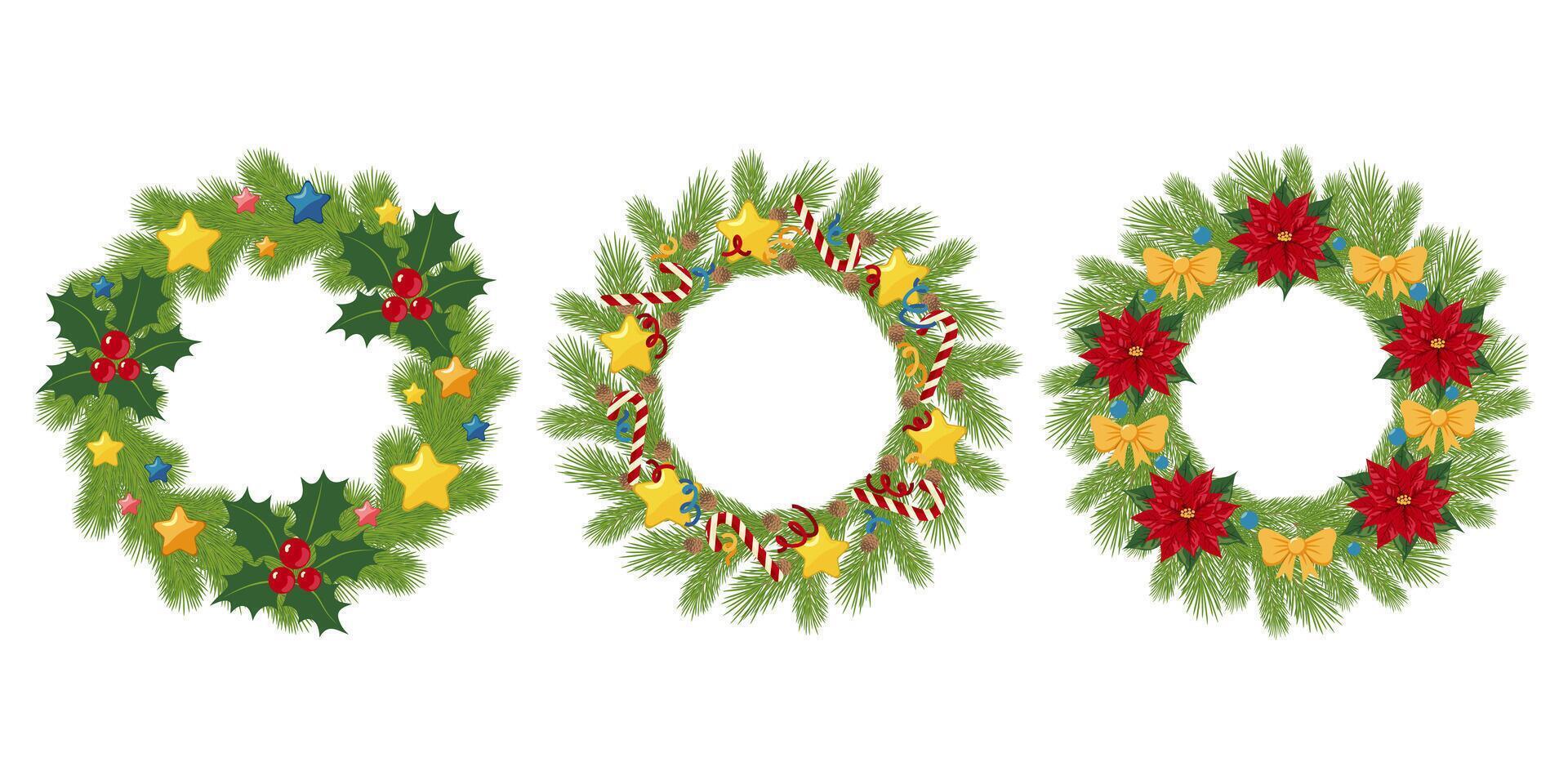 Christmas wreaths featuring traditional holiday elements like poinsettias, candy canes, holly leaves, and star ornaments on white background. Design for greeting card, invitation, poster, and banner. vector