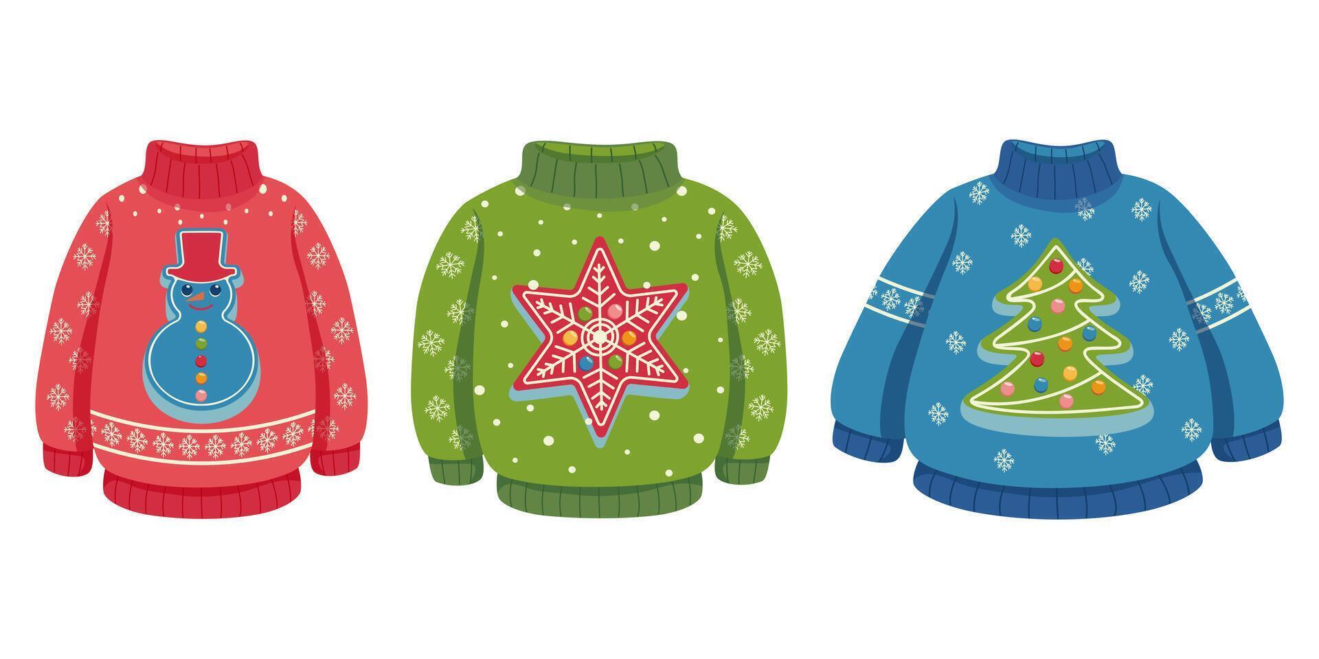 Christmas ugly sweaters with colorful designs of Santa Claus, snowman, star, and Christmas tree. Illustrated on a white background. Ideal for winter holiday fashion and seasonal celebration. vector
