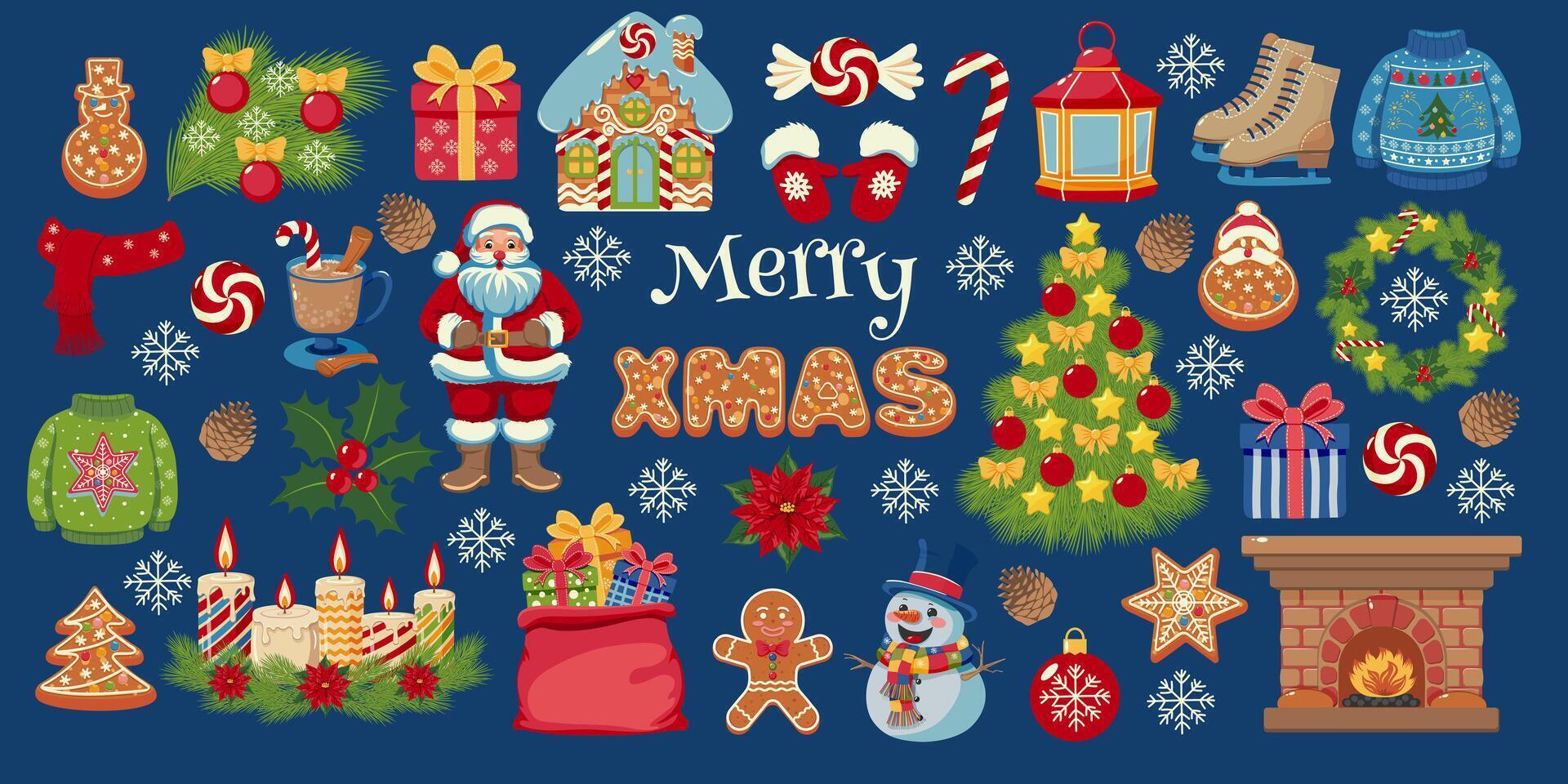 Set of Christmas and New Year symbols. Flat illustration of Santa Claus, gift, candle, gingerbread, snowflake, Christmas tree, wreath, and festive icon. Winter celebration concept for greeting card. vector
