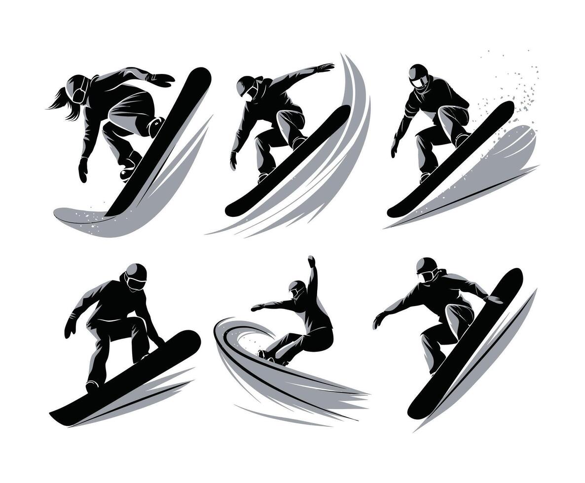 Collection of Bold Snowboarder Action Silhouettes Template vector