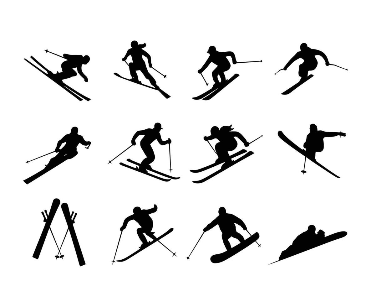 Skiing Jump and Turn Silhouettes Template vector