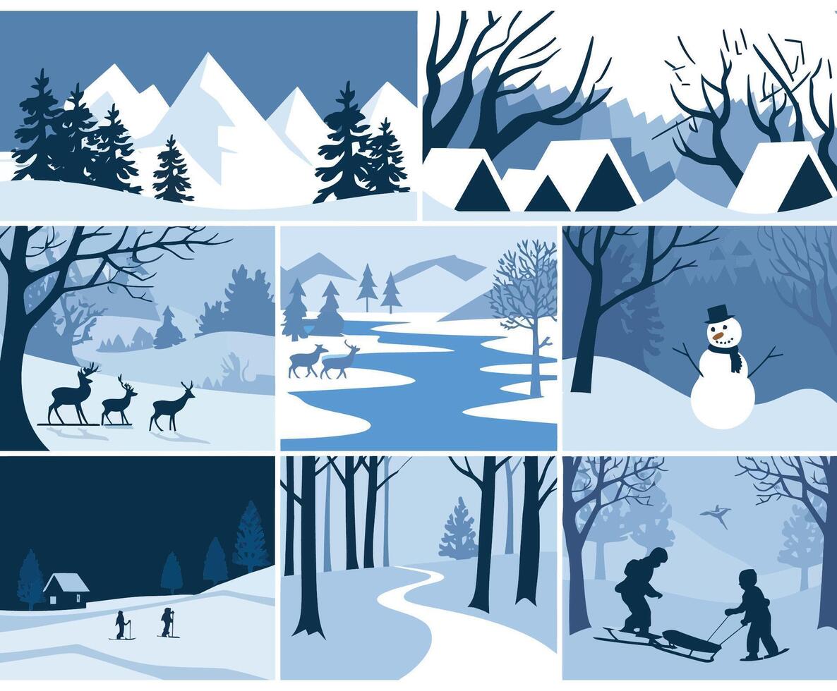 Deer and Trees Snowy Mountain Scene Silhouette Set vector