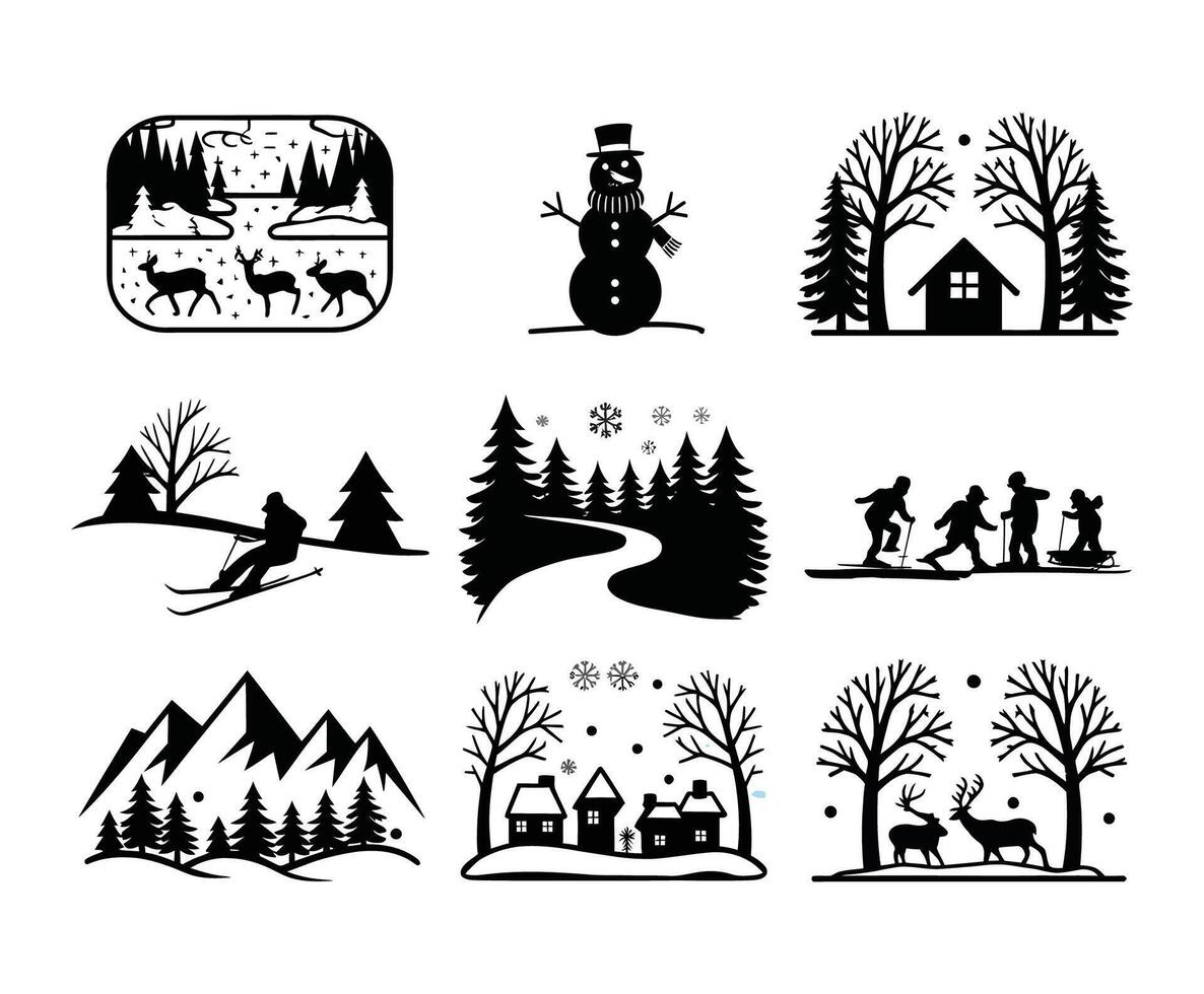 Deer and Trees Winter Forest Landscape Silhouettes vector