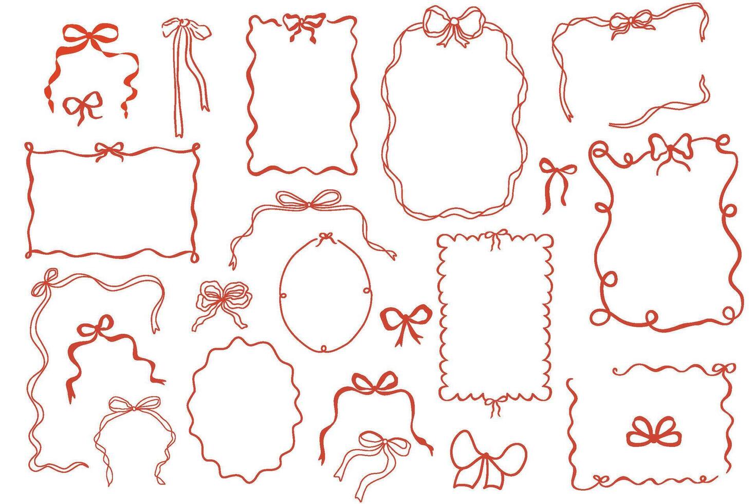 Red whimsical bow knots frames set. Doodle hand drawn vintage bows, ribbon borders collection for birthday card, wedding invitation, squiggly, wavy borders. Minimal line art, cute elements. vector