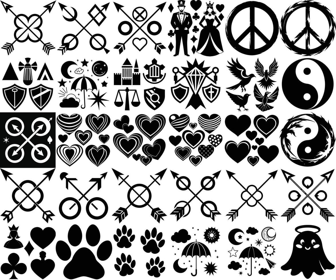 Set of Black Symbols and Icons - Hearts, Arrows, Peace Signs, Yin Yang, and Decorative Elements vector