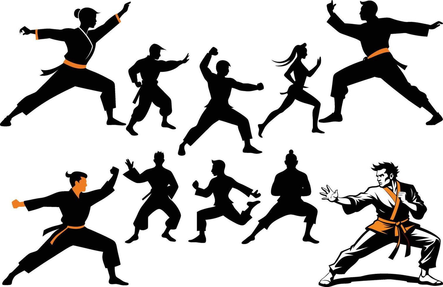 Martial Arts Silhouettes Collection - Karate, Kung Fu, Taekwondo, and Combat Stances in Dynamic Styles vector
