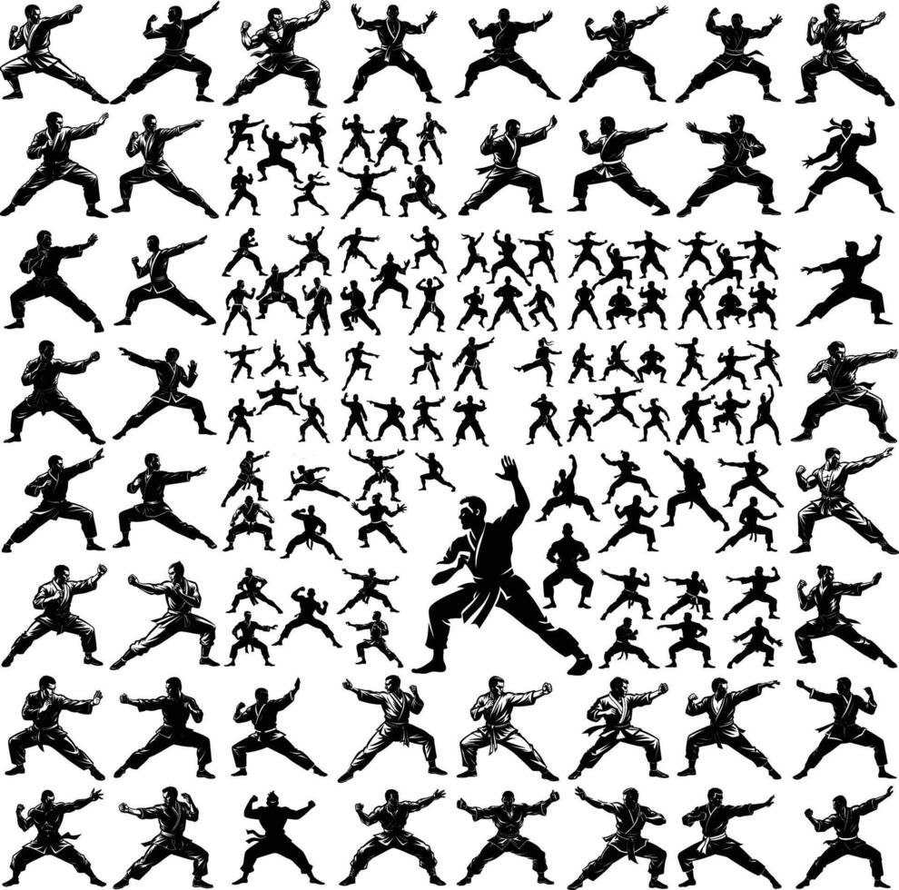 Martial Arts Silhouettes Collection - Dynamic Karate, Kung Fu, and Combat Training Poses in Art vector