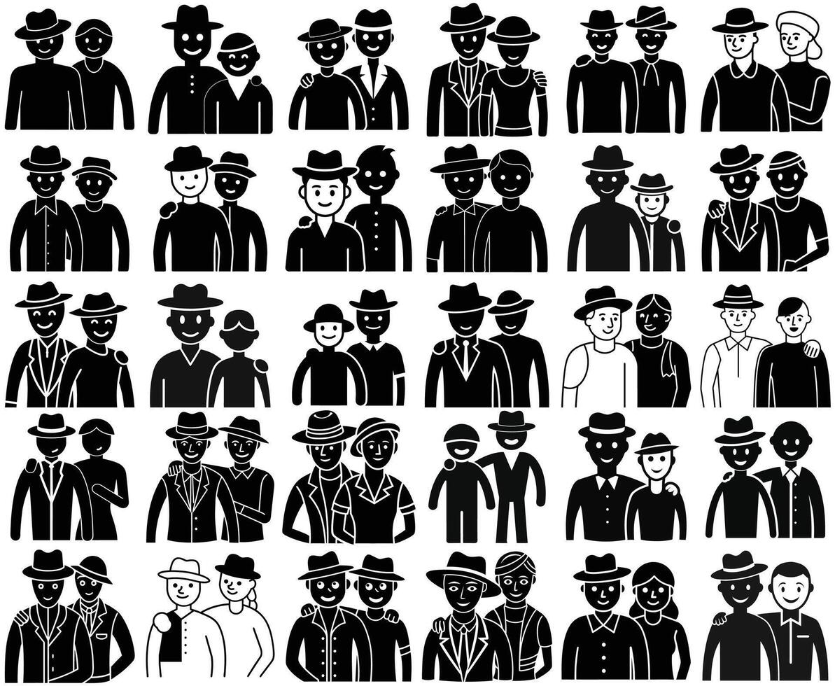 Vintage Silhouette Icons of People in Retro Attire - Group Illustrations for Design Projects vector
