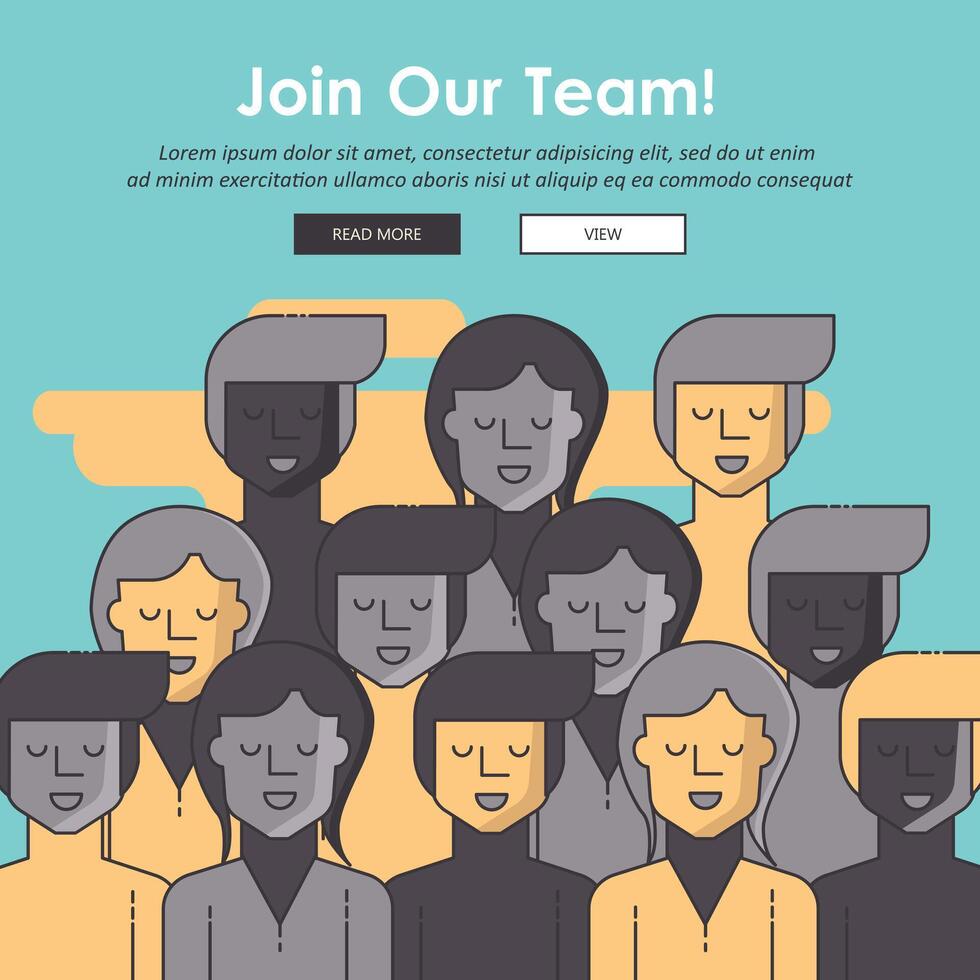 Join our community. Crowd of united people as a business or creative community standing together. Flat concept website template and landing page design for invitation to summit or conference vector