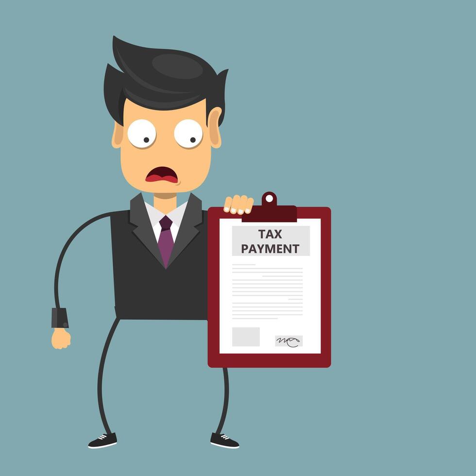 Depressed man for money with tax document. Paying taxes concept. Flat illustration vector