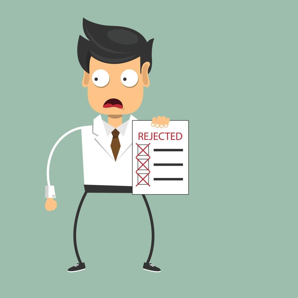 Rejected CV. Sad man and resume in hands. Recruiting, employment, human resources, team management concept. Flat illustration vector