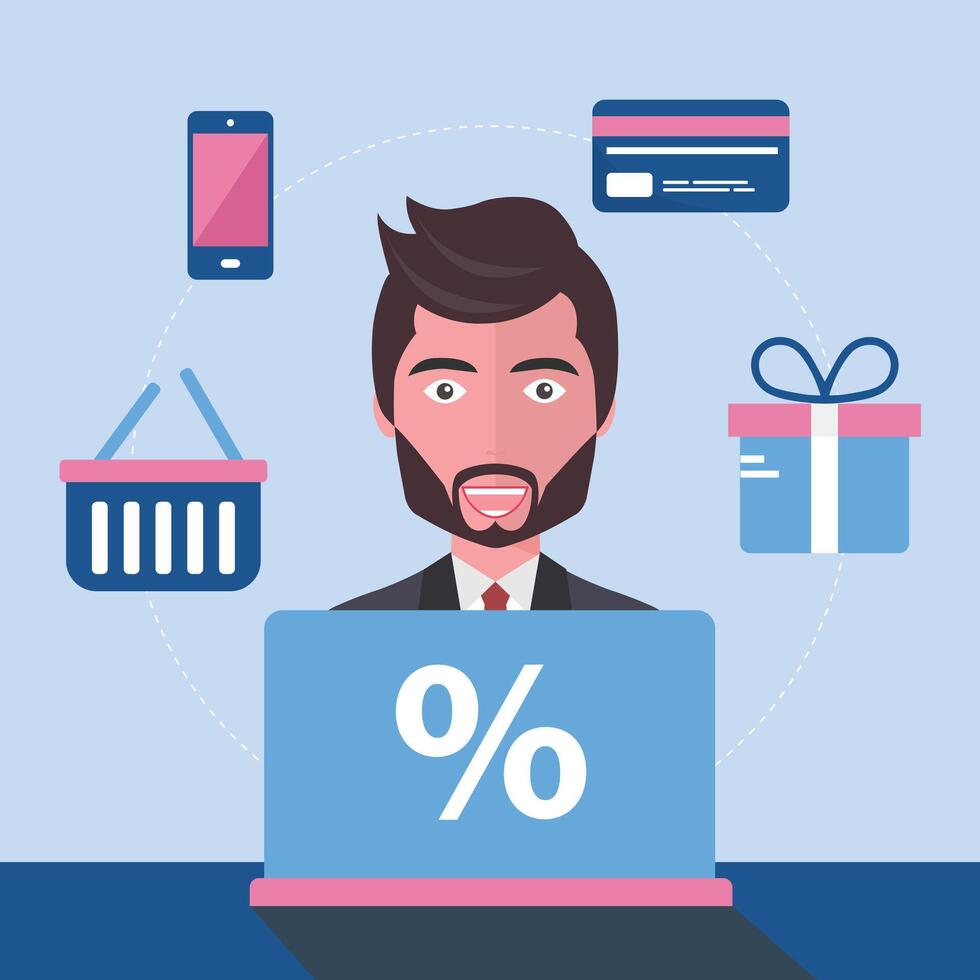 On line shopping concept. Man sitting in front of his lap top and searching for products to buy. Shopping icons. E commerce and pay per click. Flat illustration vector