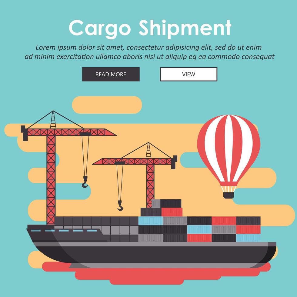 Container ship at freight port terminal Unloading. Merchant Marine. Flat illustration vector