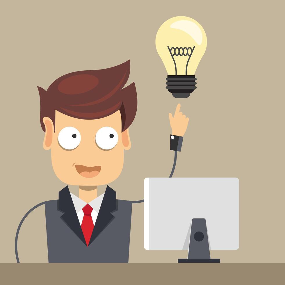 Businessman with beard pointing to bulb. Flat illustration vector