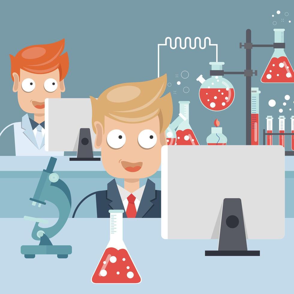 Scientists in science education research lab. Flat illustration vector