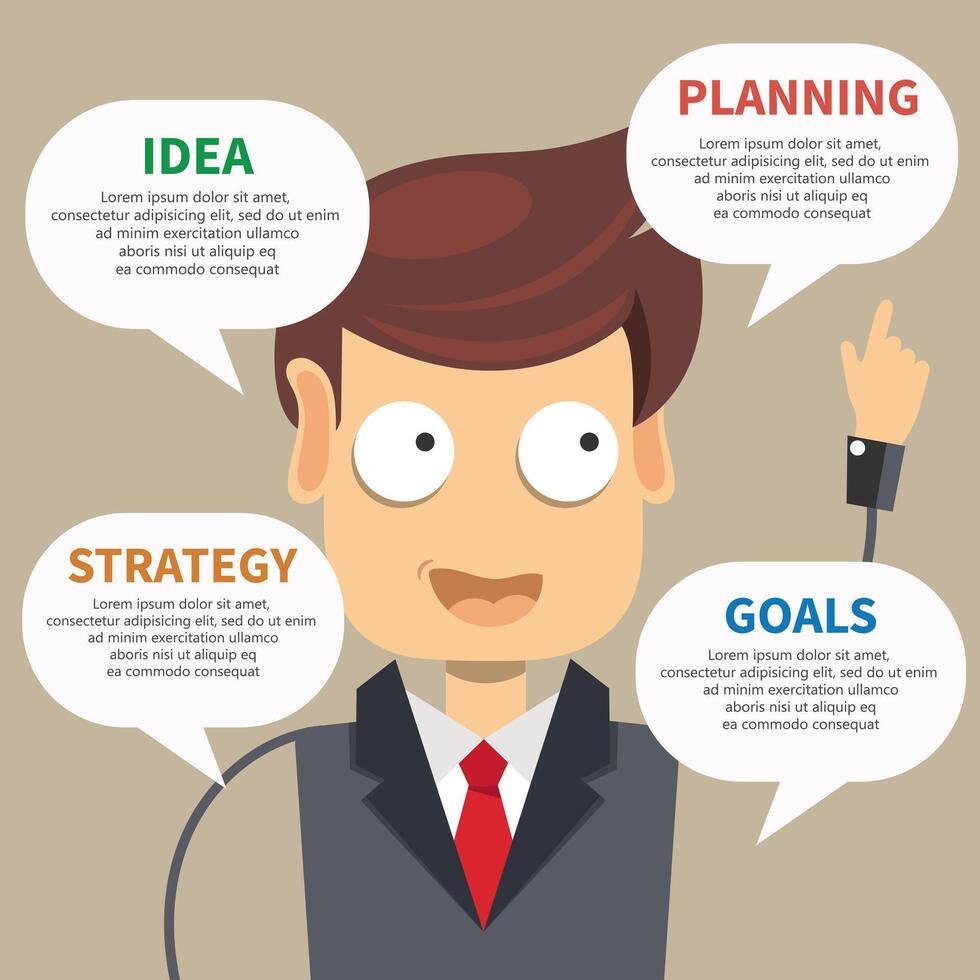 The businessman pointing Idea concept. Flat design illustration. Horizontal layout with a text space. vector