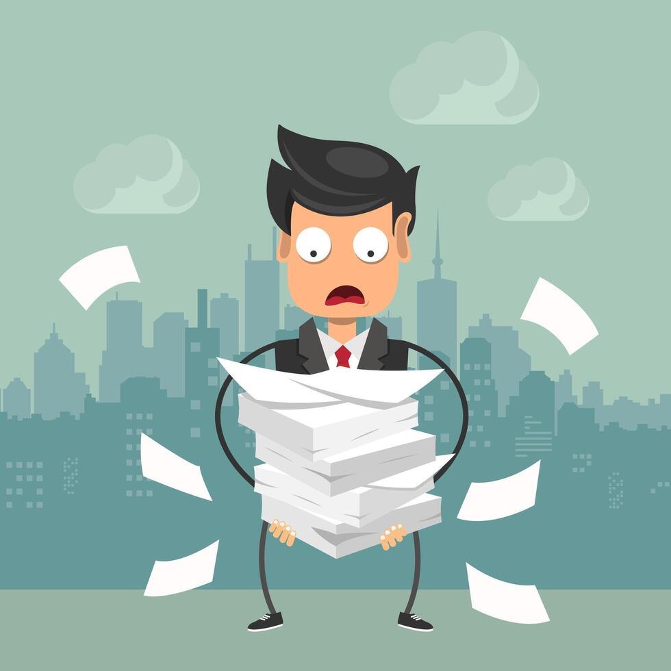 Businessman with pile of paper, business concept. Worried businessman. Deadline concept. Flat illustration. vector