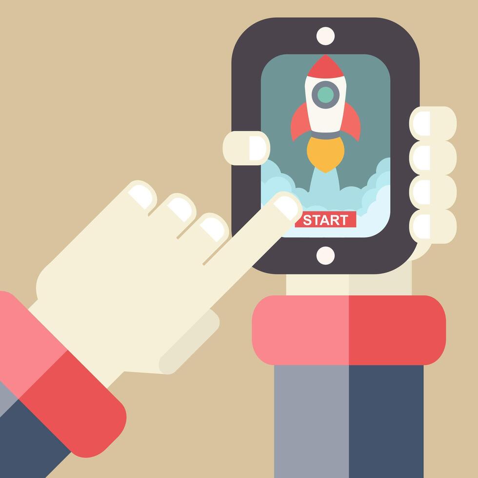 Flat rocket flying from smart phone . Start up concept. Project development. vector