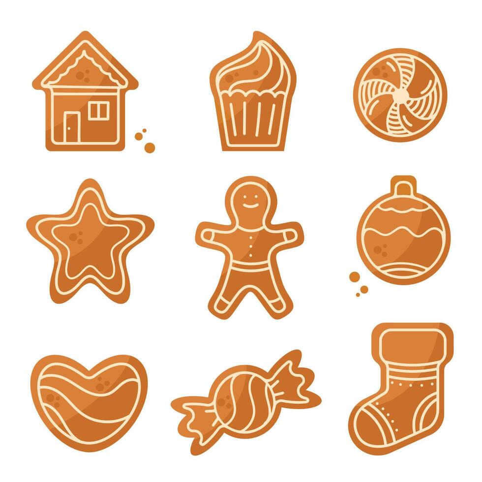 Christmas Gingerbread element set. Winter sweet homemade biscuits in different shapes isolated on white background. vector