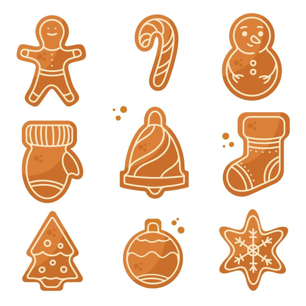 Christmas Gingerbread set. Winter sweet biscuits in different shapes isolated on white background. vector